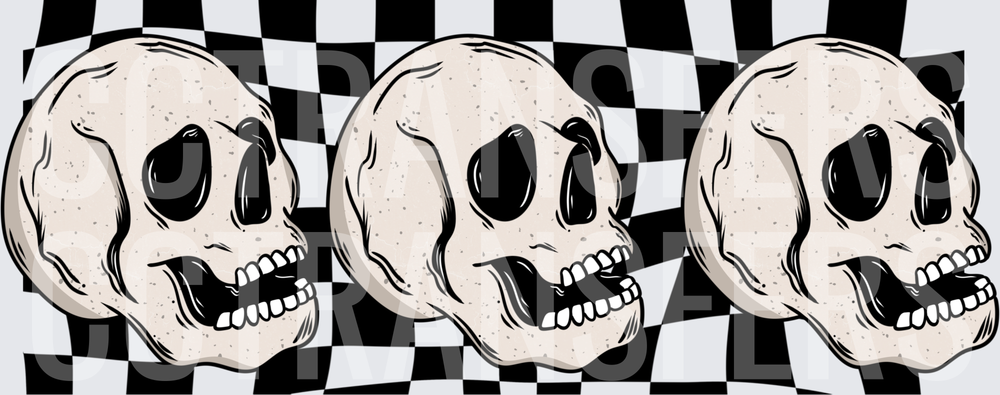Triple Grinning Skulls Wavy Checkered Background (DTF)