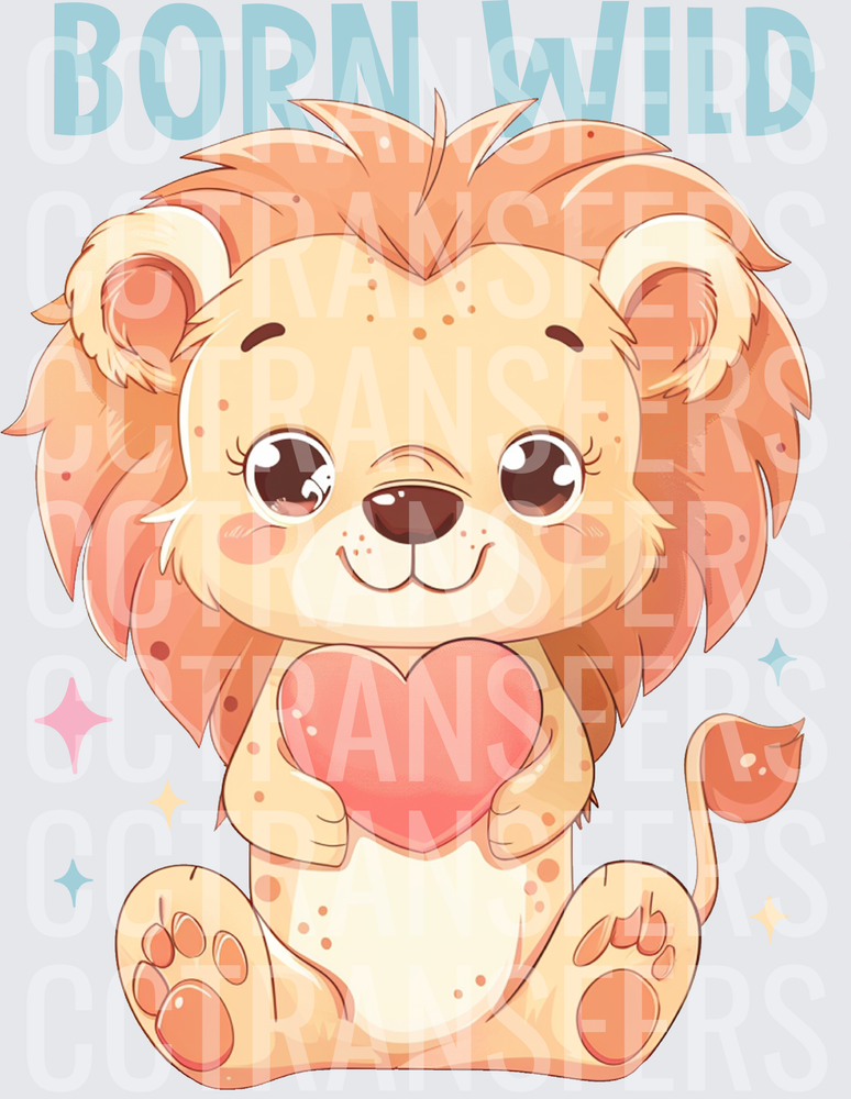 Born Wild Cute Baby Lion Holding Heart with Sparkles (DTF)
