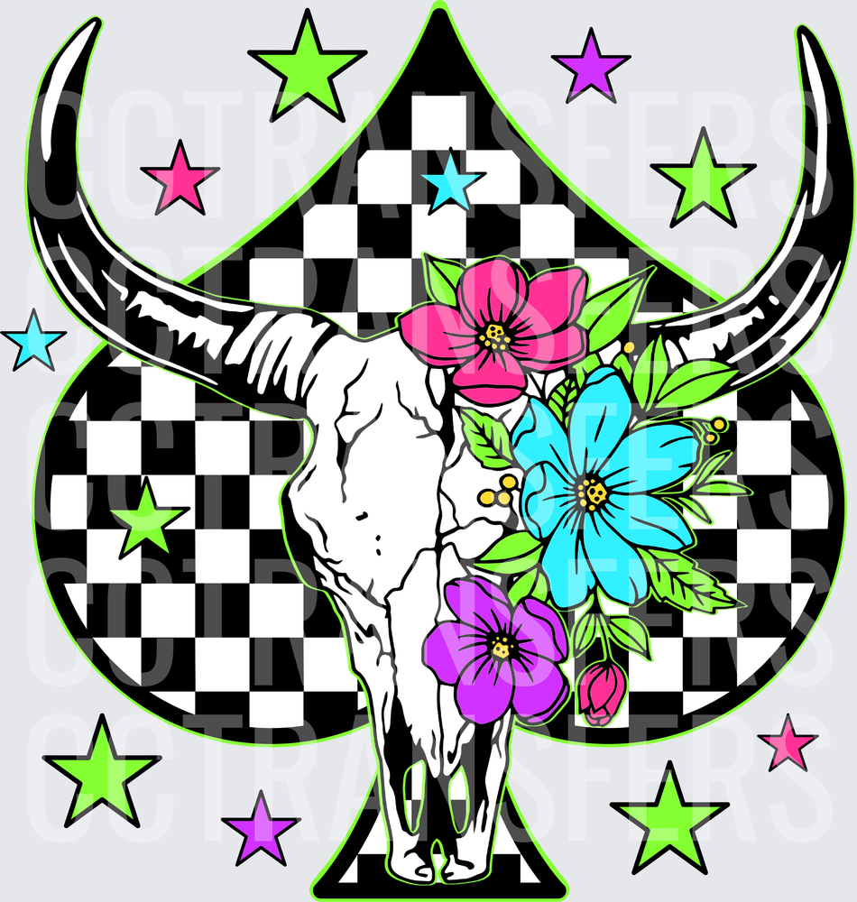 Floral Longhorn Skull Checkered Spade Neon Stars (DTF)