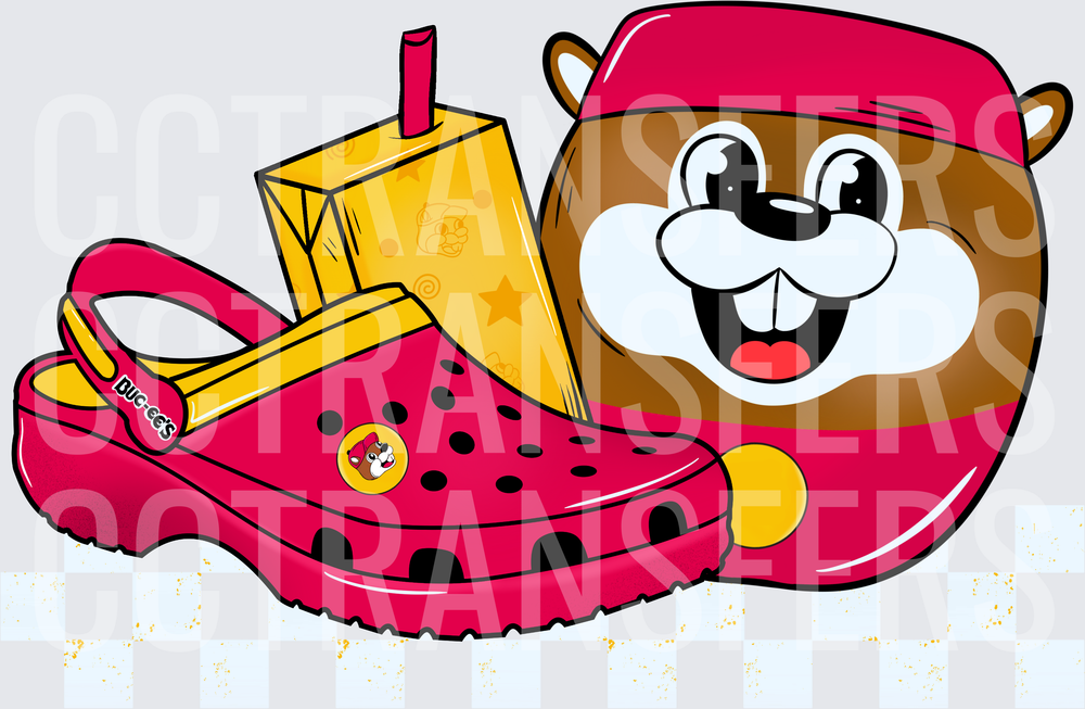 Cartoon Beaver Mascot Red Clog Shoe Juice Box Design (DTF)