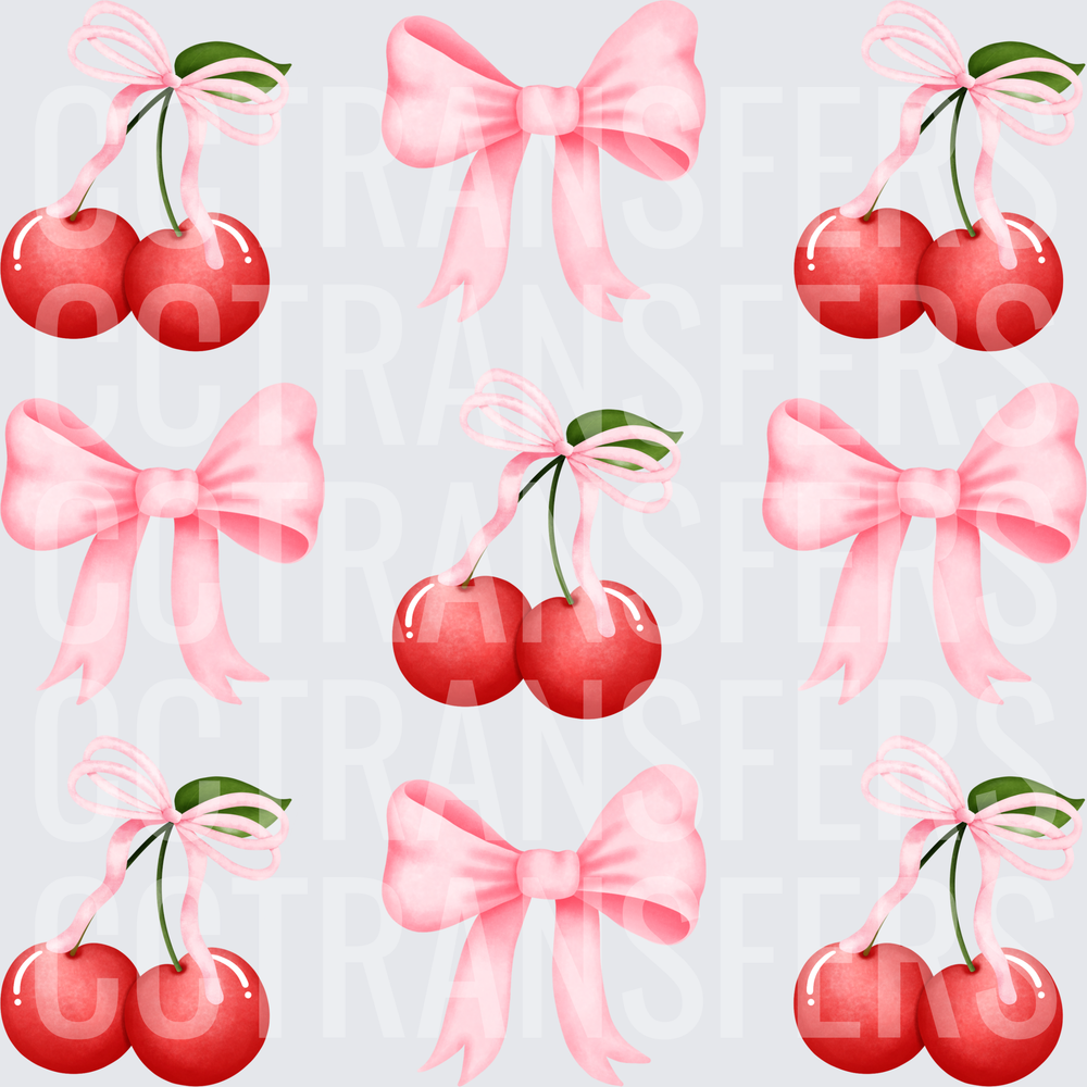 Coquette Pink Bows and Red Cherries Pattern (DTF)