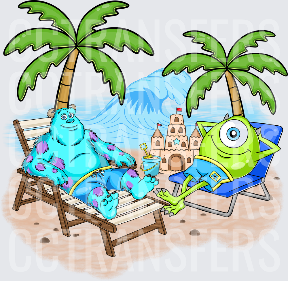 Fuzzy Blue Monster & Green One-Eyed Monster Beach Vacation (DTF)