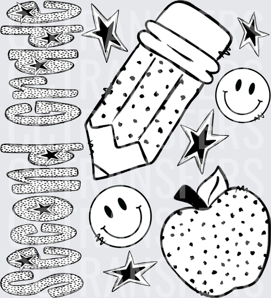 Black & White Teacher School Pencil Apple Smiley Stars (DTF)