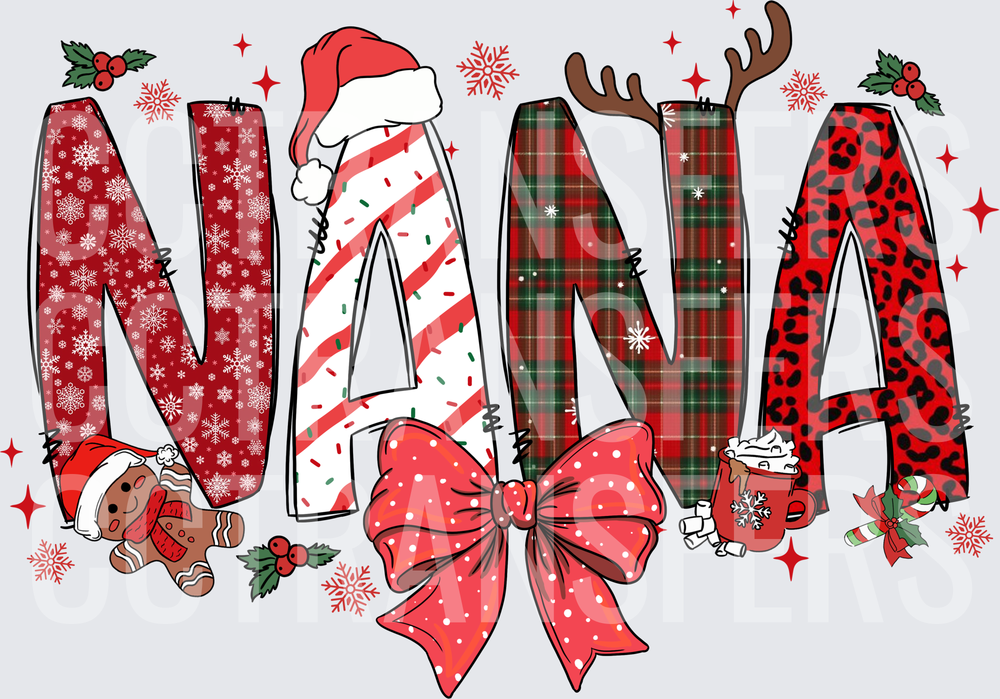 Nana Christmas Patterned Letters with Holiday Accents (DTF)