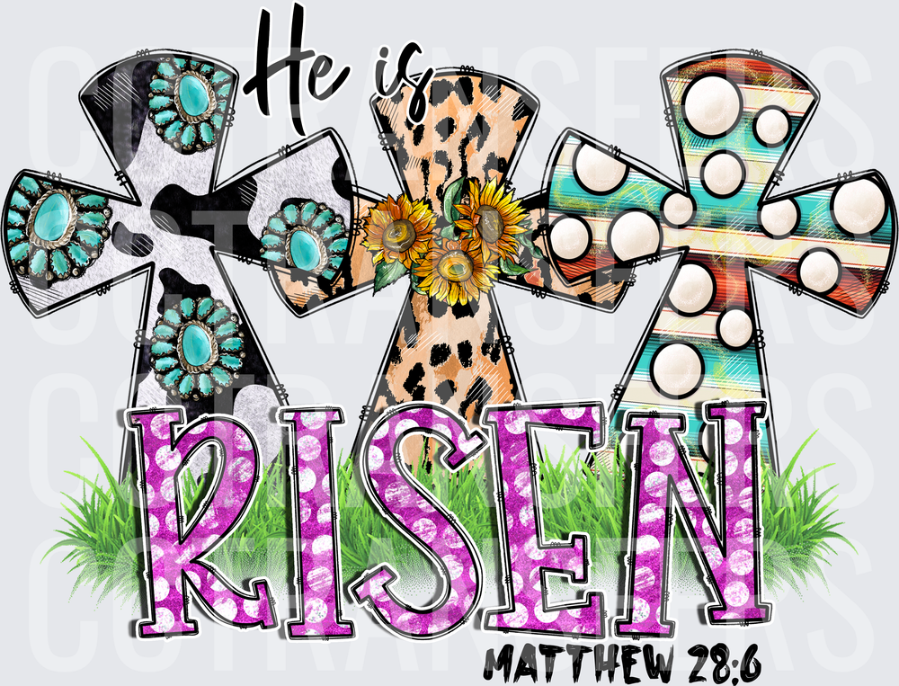He Is Risen Matthew 28:6 Three Patterned Crosses (DTF)