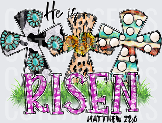 He Is Risen Matthew 28:6 Three Patterned Crosses (DTF)