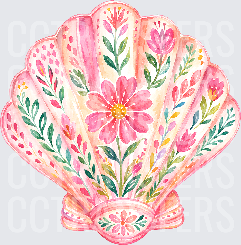 Watercolor Floral Folk Art Scallop Seashell (DTF)