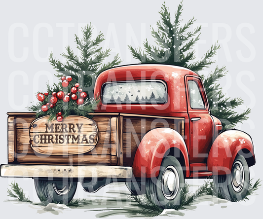 Merry Christmas Vintage Red Truck with Pine Trees (DTF)