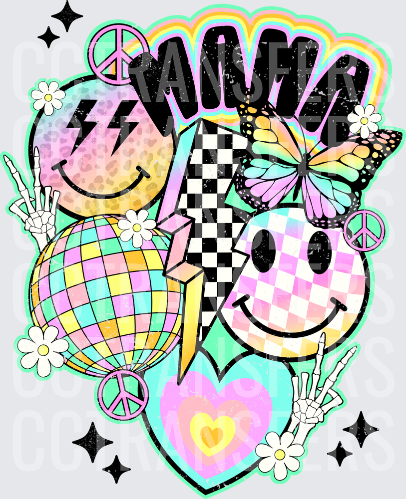 Mama Retro Pastel Smiley Disco Ball Butterfly Collage (DTF)