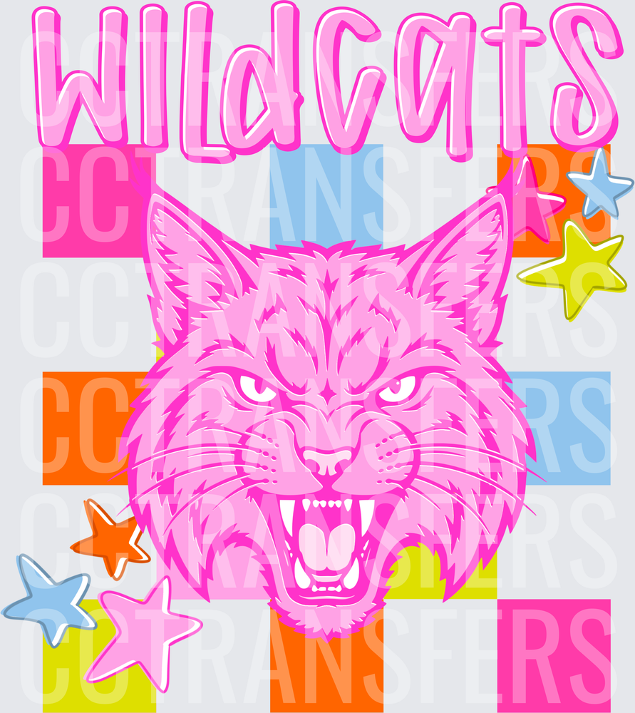 Wildcats Roaring Pink Mascot Retro Colorful Stars (DTF)