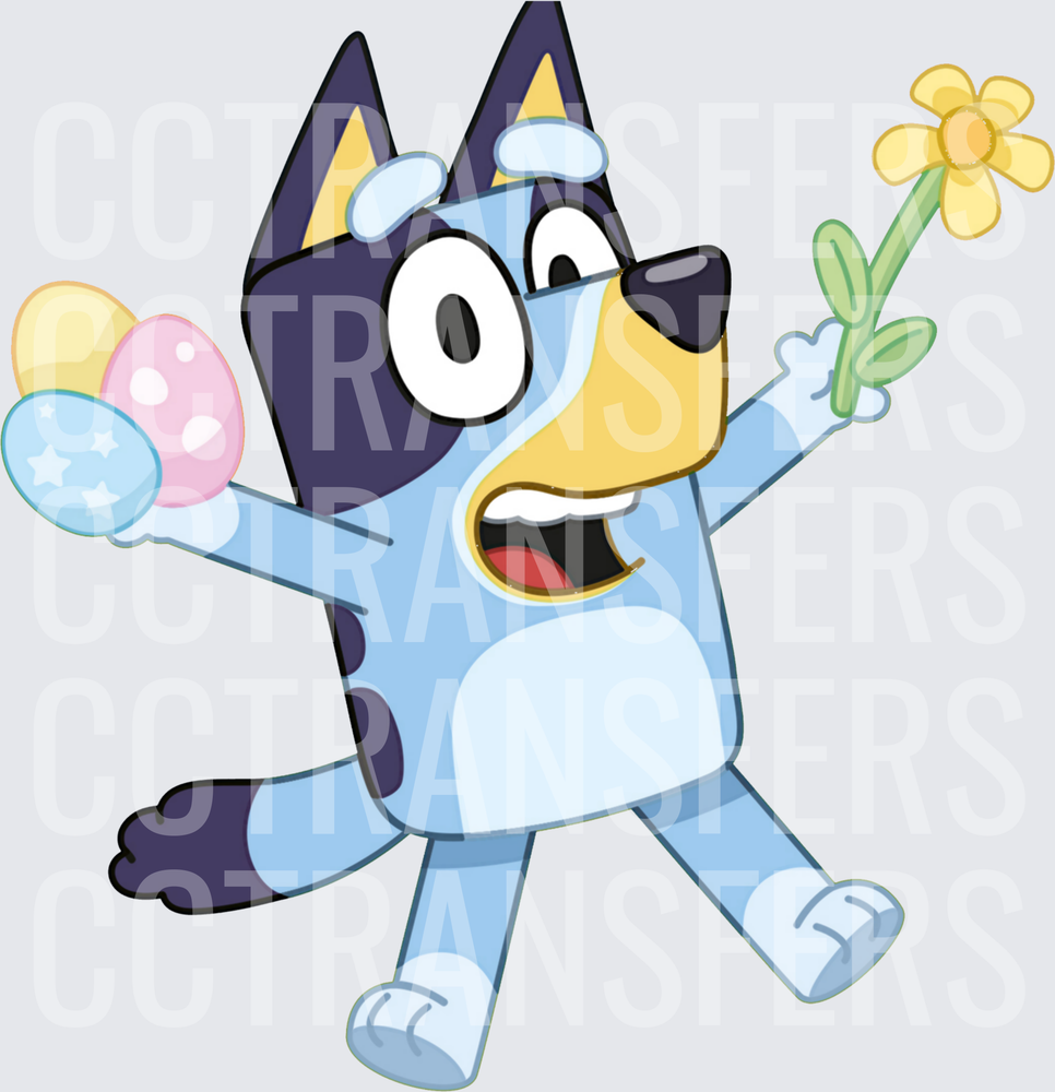 Cartoon Blue Puppy Easter Eggs Spring Flower Jumping (DTF)