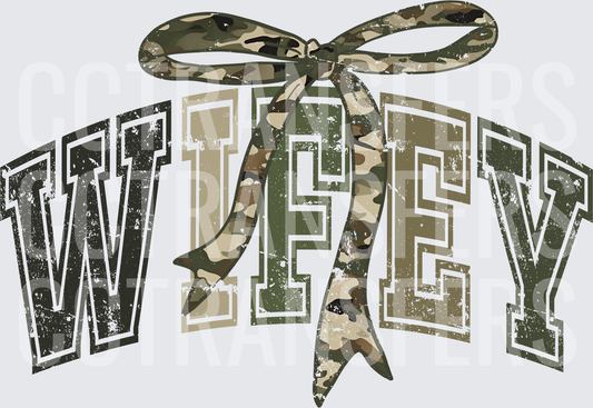 Wifey Camo Bow Distressed Varsity Arch Letters (DTF)