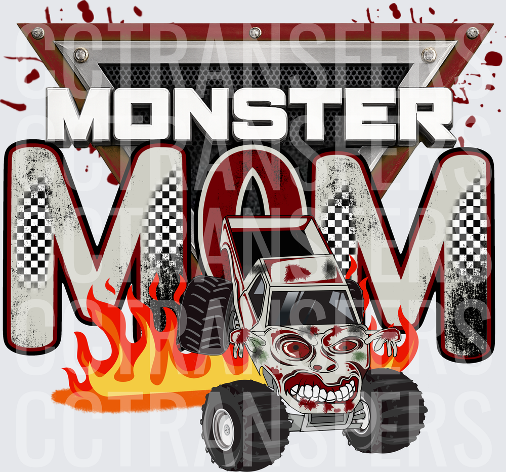 Monster Mom Zombie Monster Truck Flames Checkered (DTF)