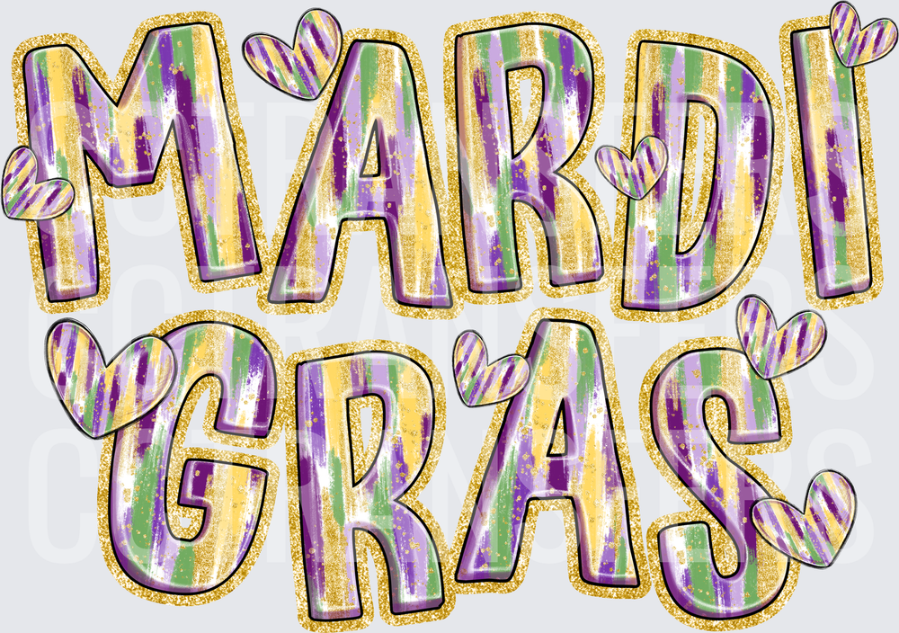 Mardi Gras Purple Green Gold Glitter Heart Letters (DTF)