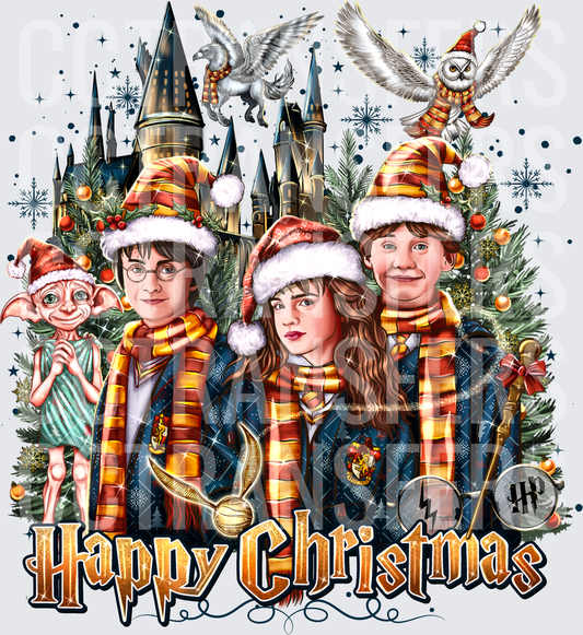 Happy Christmas Wizard Friends Holiday Scene DTF