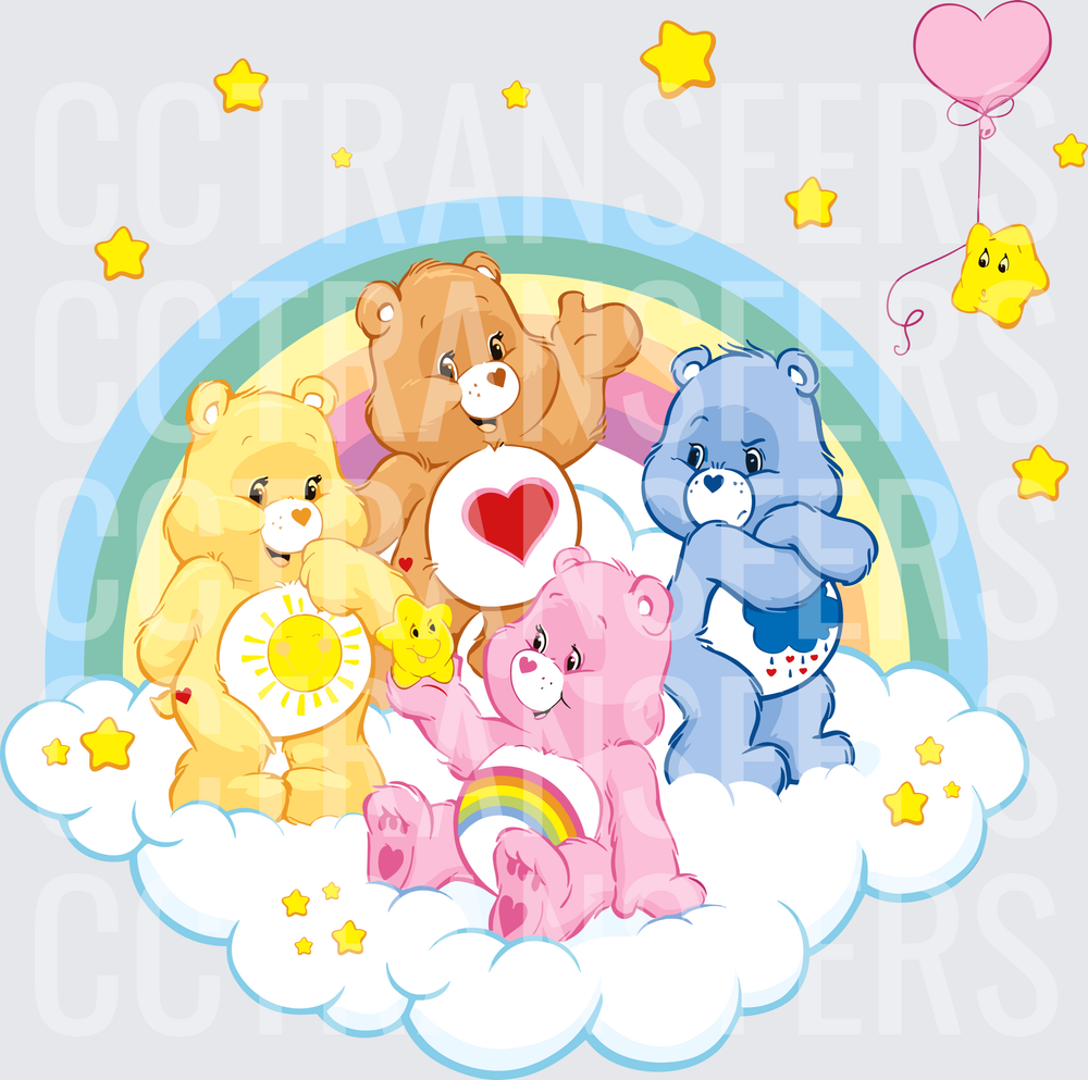 Colorful Cartoon Bears on Rainbow Cloud with Stars (DTF)