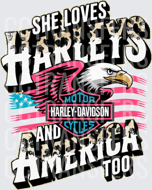 She Loves Harleys And America Too Leopard Eagle (DTF)