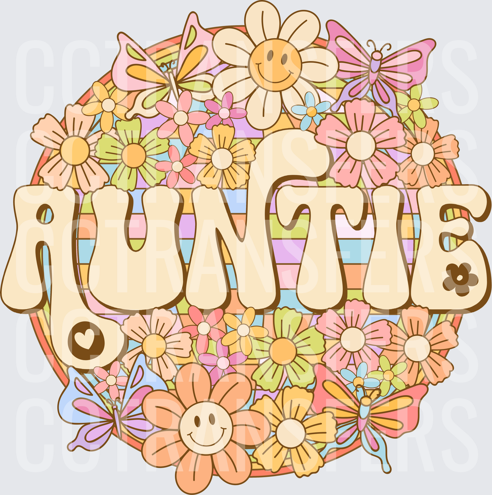 Retro Groovy Auntie Floral Smiley Face Boho Circle (DTF)