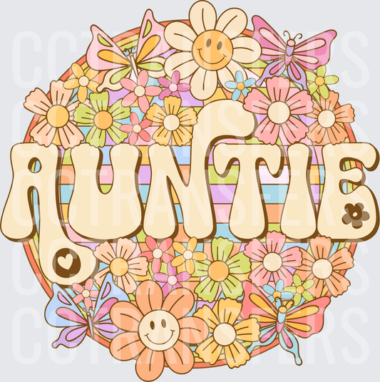 Retro Groovy Auntie Floral Smiley Face Boho Circle (DTF)