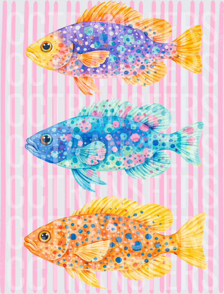 Colorful Spotted Tropical Fish Trio Pink Stripes (DTF)