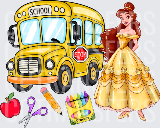Brown Hair Princess Back To School Bus Supplies (DTF)