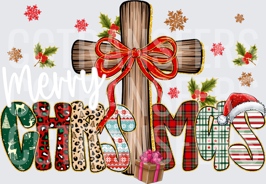 Christmas Word Mixed Pattern Cross Red Bow Holiday (DTF)