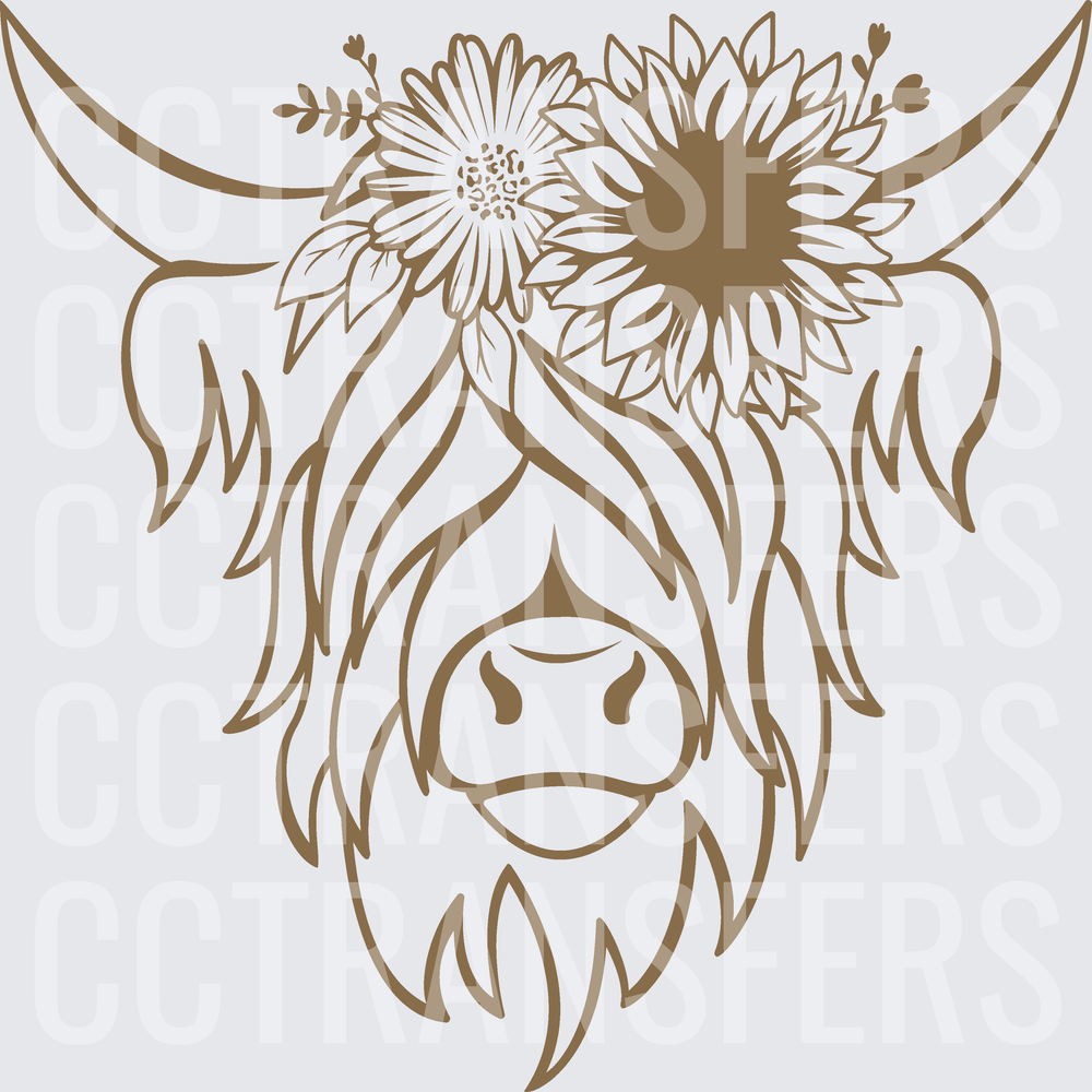 Fluffy Horned Cow with Sunflower Crown Line Art (DTF)
