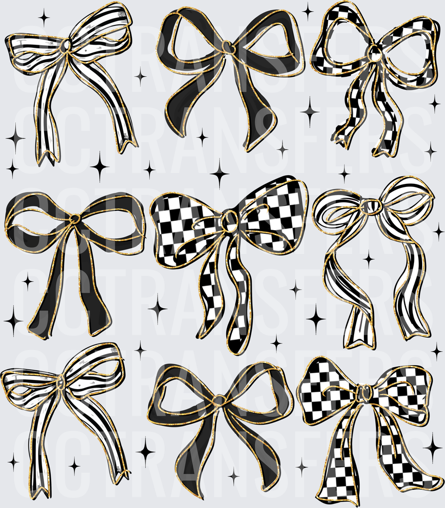 Black White Checkered Striped Bow Bundle with Gold Trim (DTF)