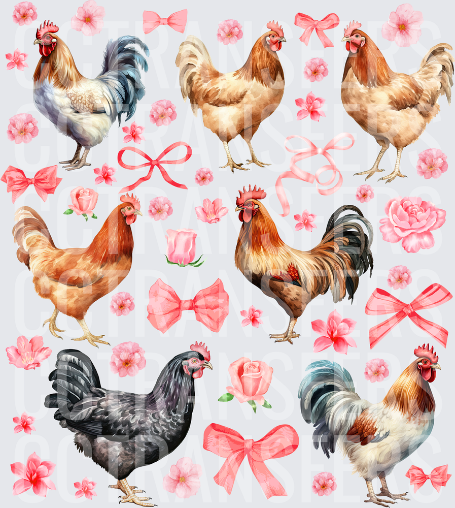 Roosters Hens Pink Floral Bows Watercolor Pattern (DTF)