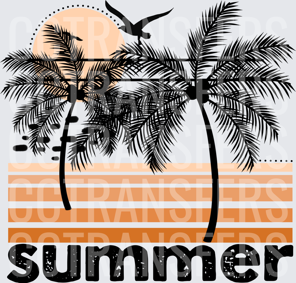 Retro Summer Palm Trees Sunset Seagull Design (DTF)