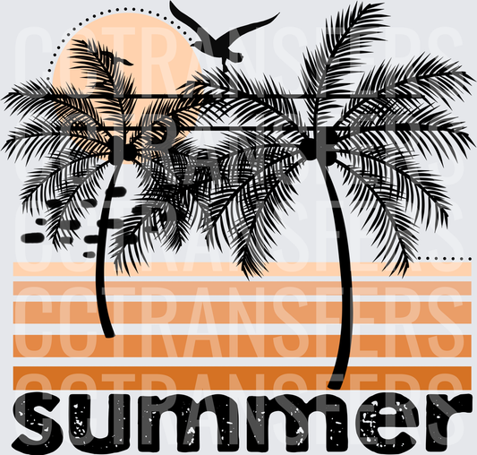 Retro Summer Palm Trees Sunset Seagull Design (DTF)