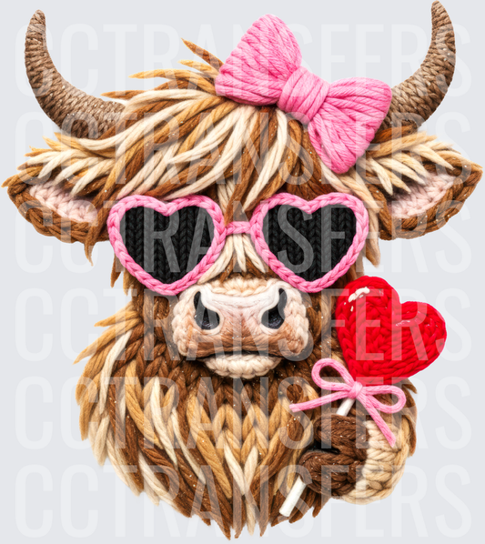 Yarn Knit Highland Cow Pink Heart Sunglasses Valentine (DTF)