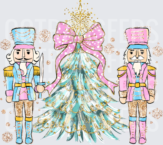 Glam Nutcracker Soldiers Flanking Teal Christmas Tree (DTF)