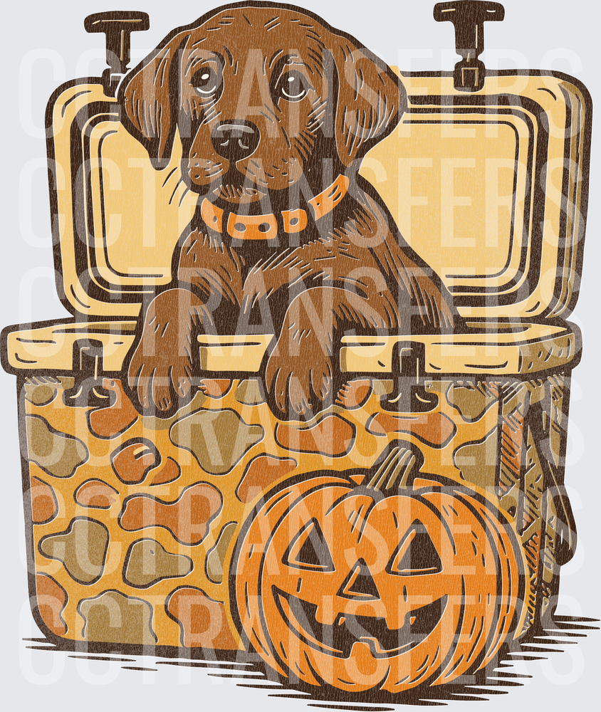 Chocolate Lab Puppy in Camo Cooler with Jack-o-Lantern (DTF)