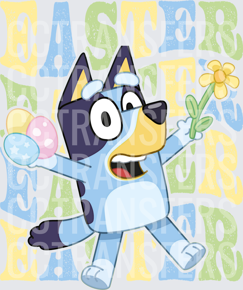 Easter Blue Cartoon Puppy Eggs Flower Spring Fun (DTF)