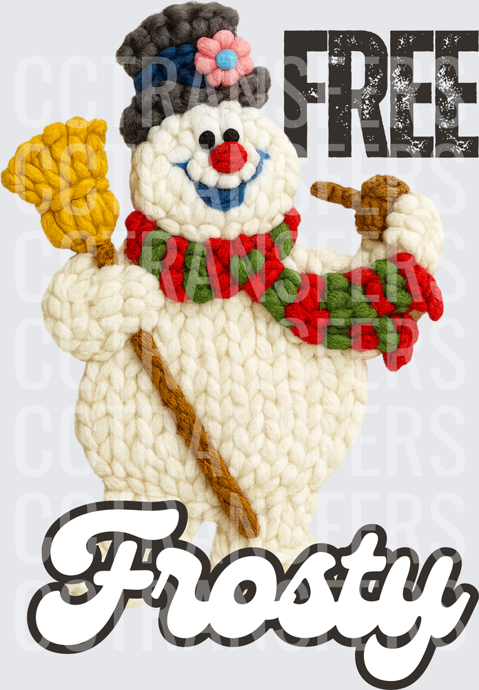 Yarn Knit Snowman with Broom Frosty Text (DTF)