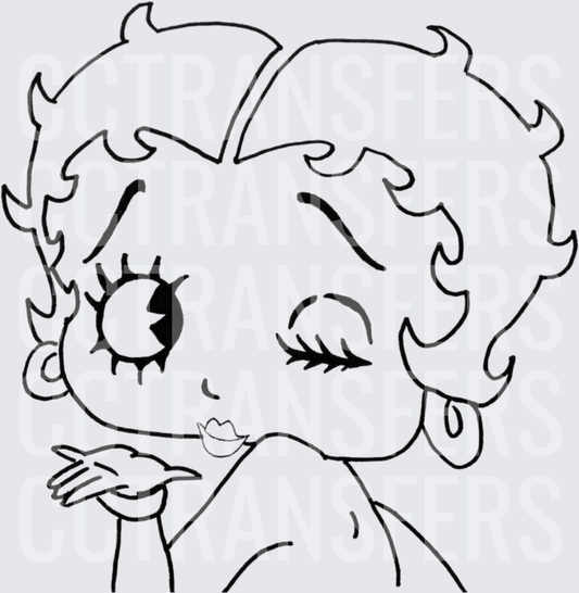 Vintage Cartoon Girl Winking Blowing a Kiss Line Art (DTF)