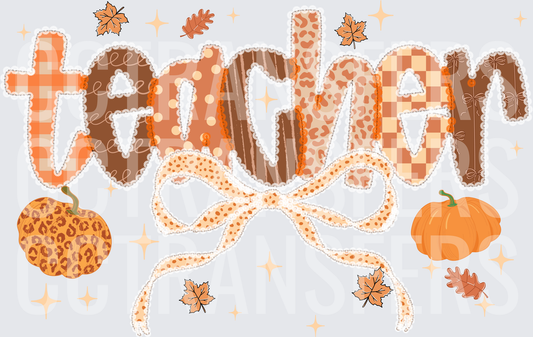 Fall Patterned Teacher Bow Pumpkin Autumn Leaves (DTF)