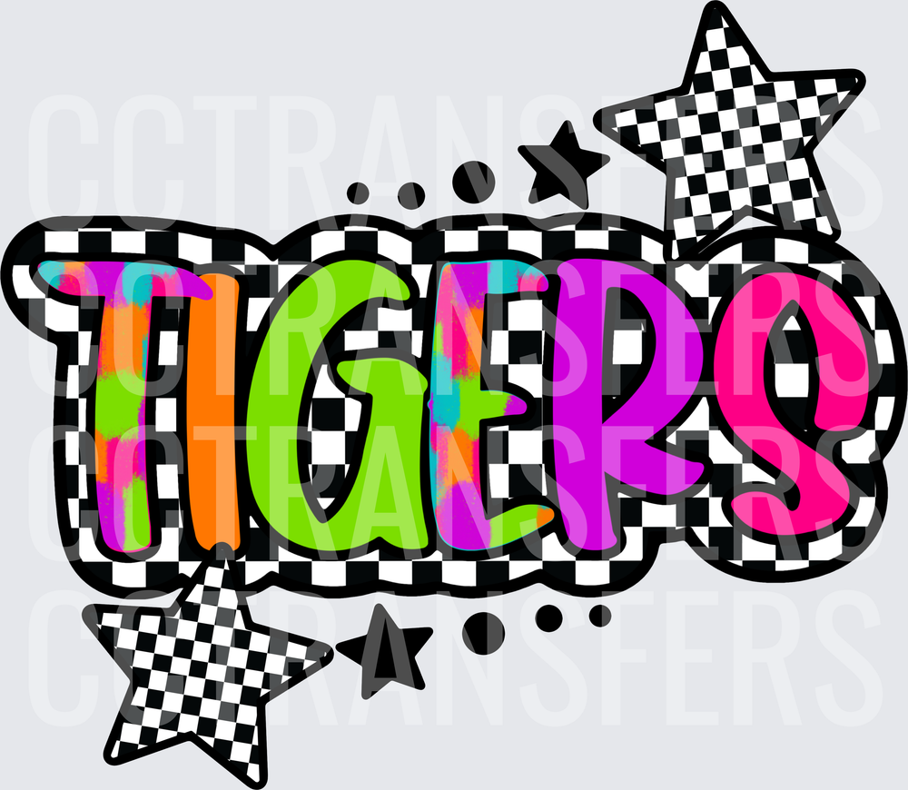 Colorful Tigers Word Checkered Stars Retro Bold (DTF)