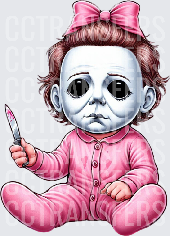 Cute Baby Horror Mask Girl Pink Bow Onesie Bloody Knife (DTF)