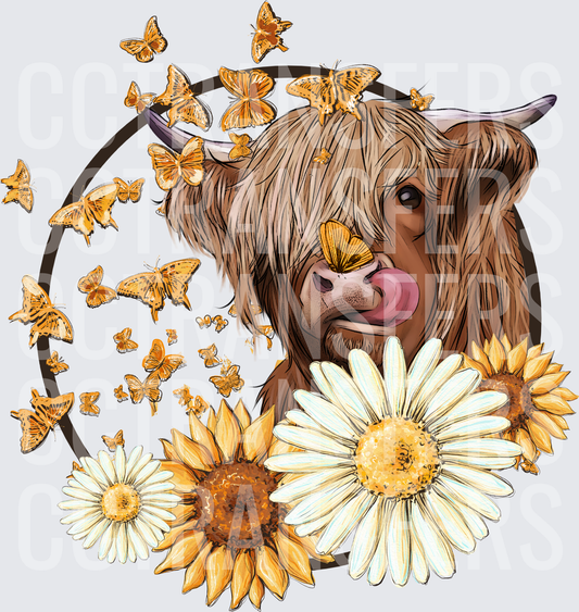 Fluffy Highland Cow Sunflowers Daisies Butterflies Circle (DTF)
