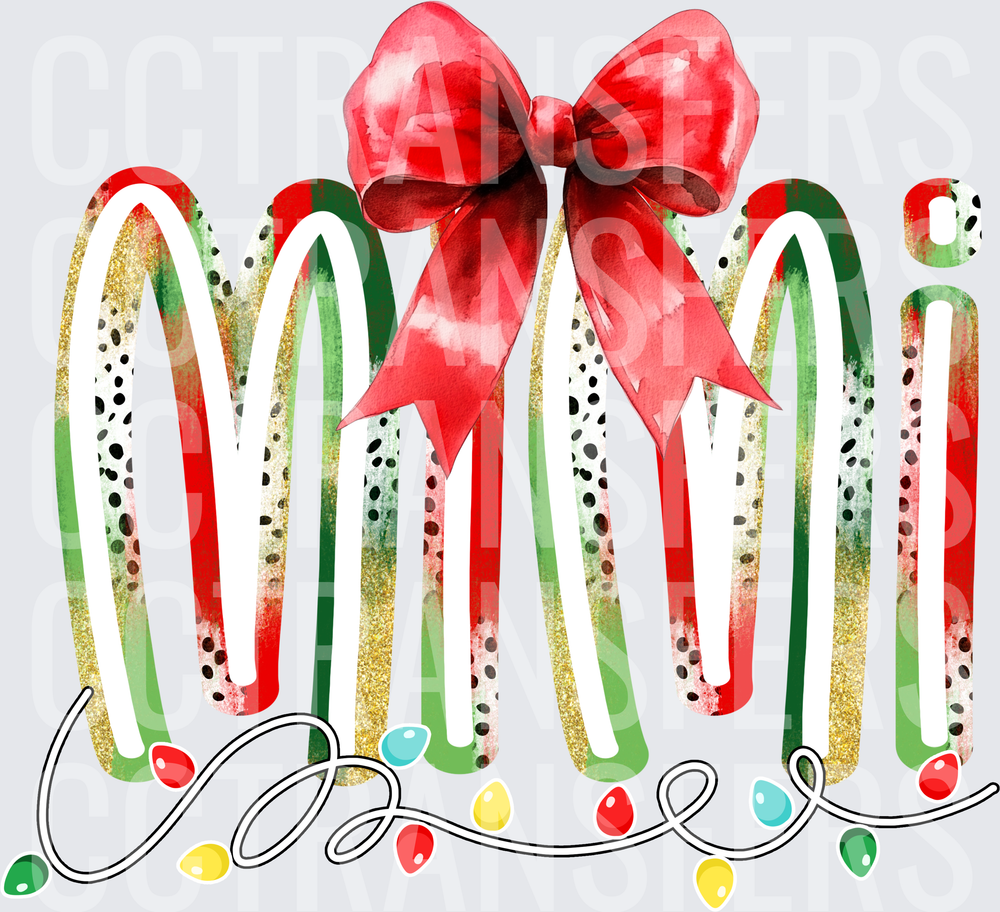 Mimi Christmas Lights Red Bow Holiday Script (DTF)