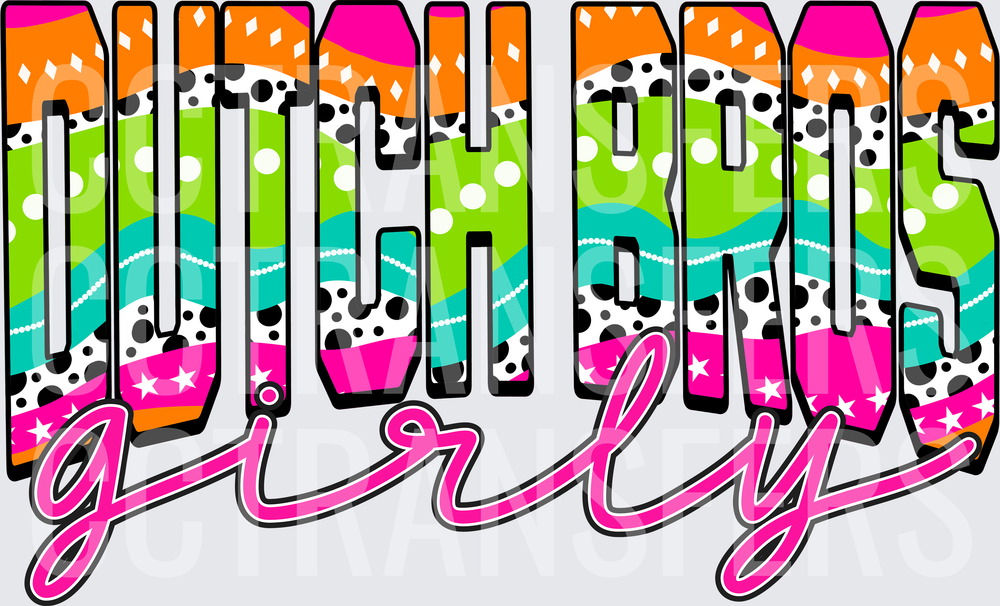 Dutch Bros Girly Retro Neon Patterned Bold Text (DTF)