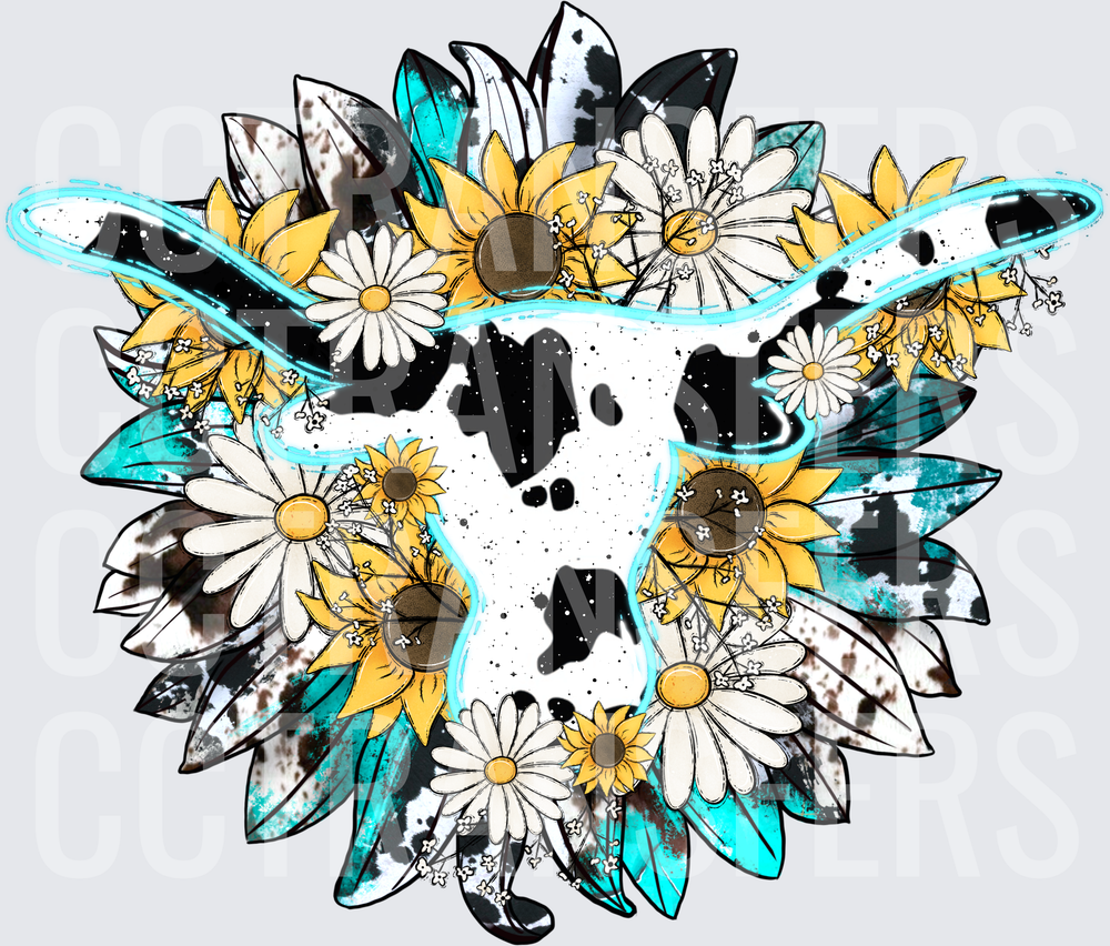 Cowhide Longhorn Skull Sunflowers Daisies Turquoise (DTF)