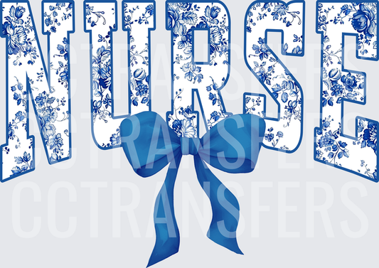 Blue Floral Nurse Bold Letters with Bow (DTF)