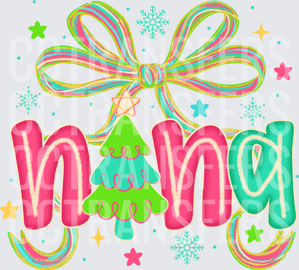 Nana Christmas Bow Tree Snowflakes Colorful (DTF)