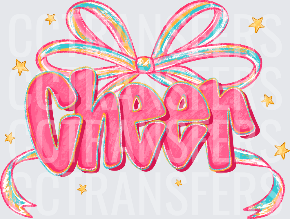 Pink Cheer Bold Lettering Ribbon Bow Gold Stars (DTF)