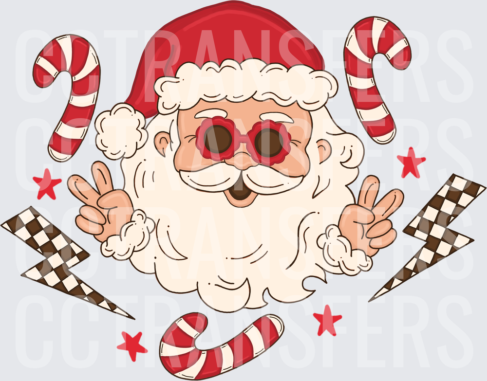 Groovy Santa Peace Signs Candy Canes Checkered Bolts (DTF)