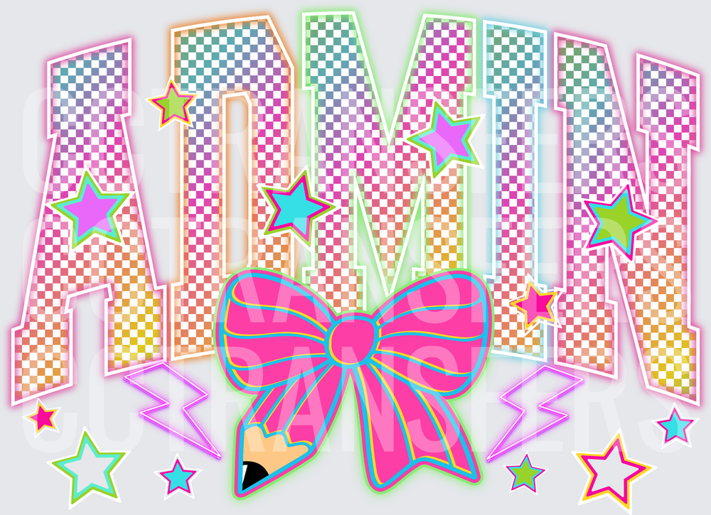 Neon Checkered ADMIN Bold Varsity Letters Pink Bow Stars (DTF)