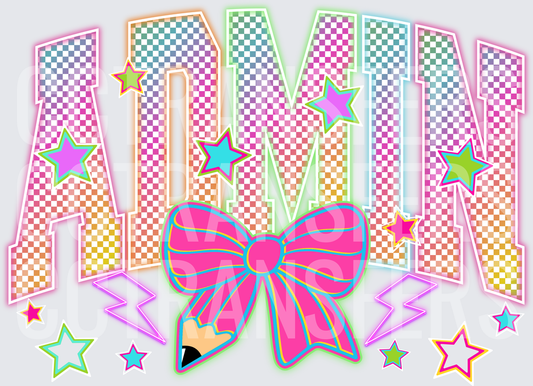 Neon Checkered ADMIN Bold Varsity Letters Pink Bow Stars (DTF)